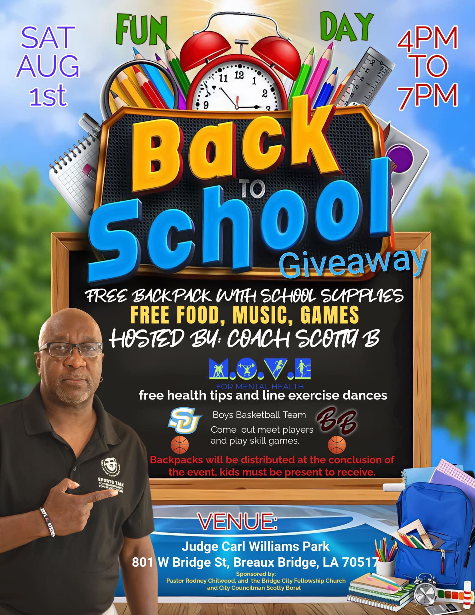 Free backpack giveaway with school supplies at Judge Carl Williams