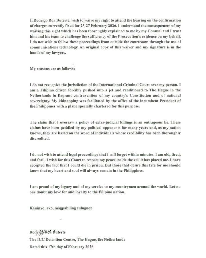 OPTIC - LETTER OF PRRD TO THE ICC I, Rodrigo Roa Duterte, wish to waive ...