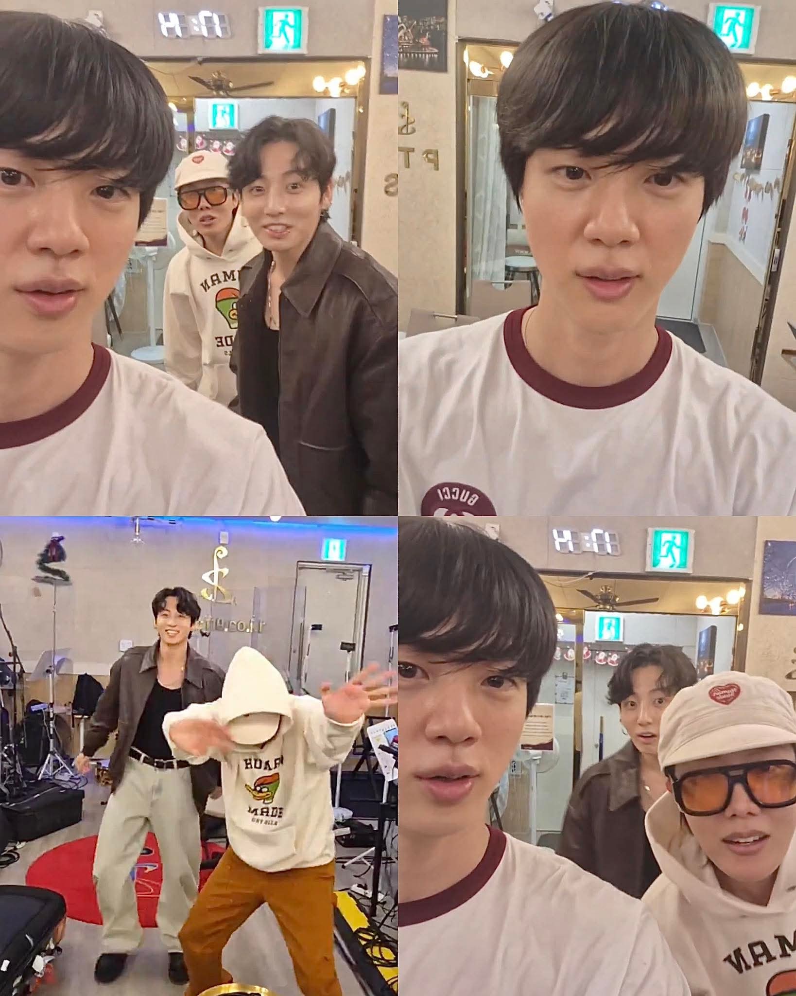 Jungkook, Jin and jhope on rehearsal studio 😭