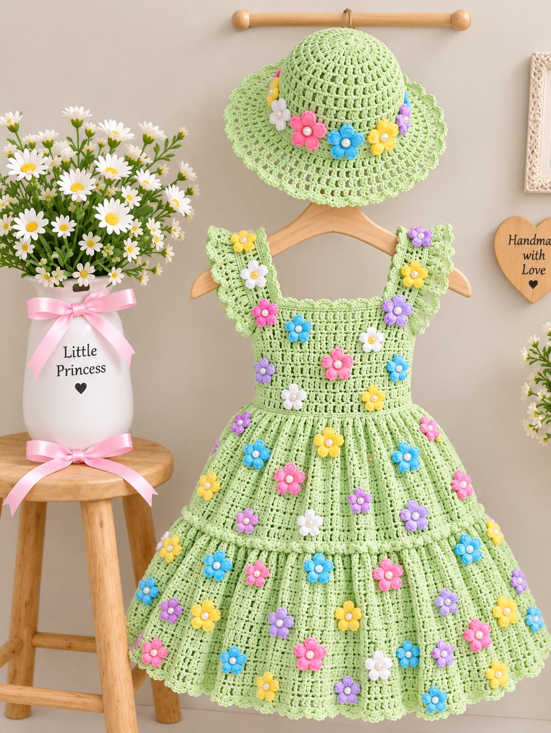 green and pink crochet dress Beautiful Flower Dress's Color:89#-Sky blue Embroidered dress Altar'd State | Clare Contrasting colors of white