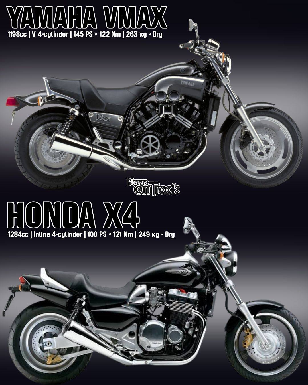 The Yamaha VMax 1200 and Honda X4 represent a classic clash