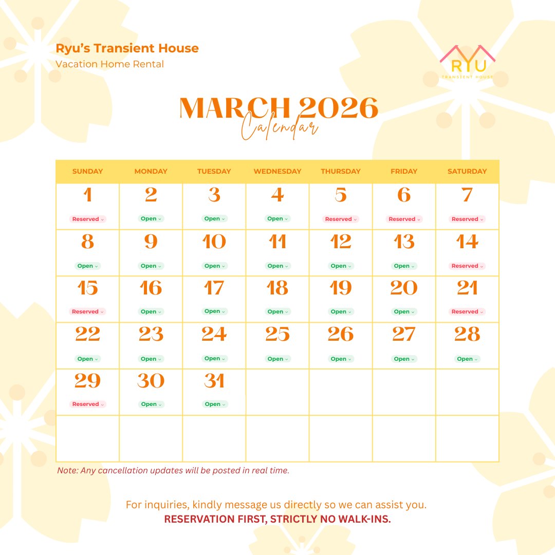 Here's our updated calendar for... - Ryu's Transient House | Facebook