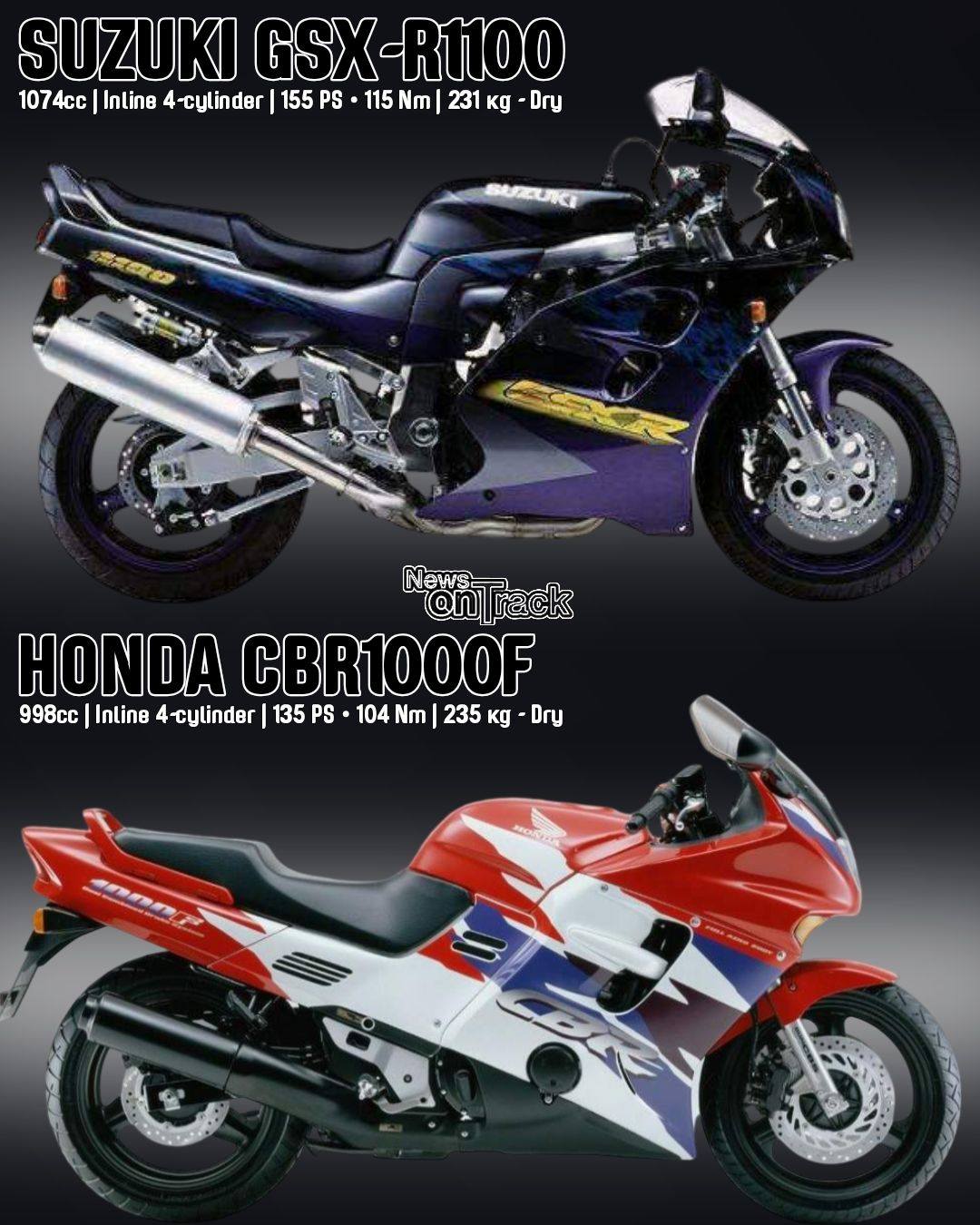 The 1996 Suzuki GSX-R1100 and Honda CBR1000F represent two
