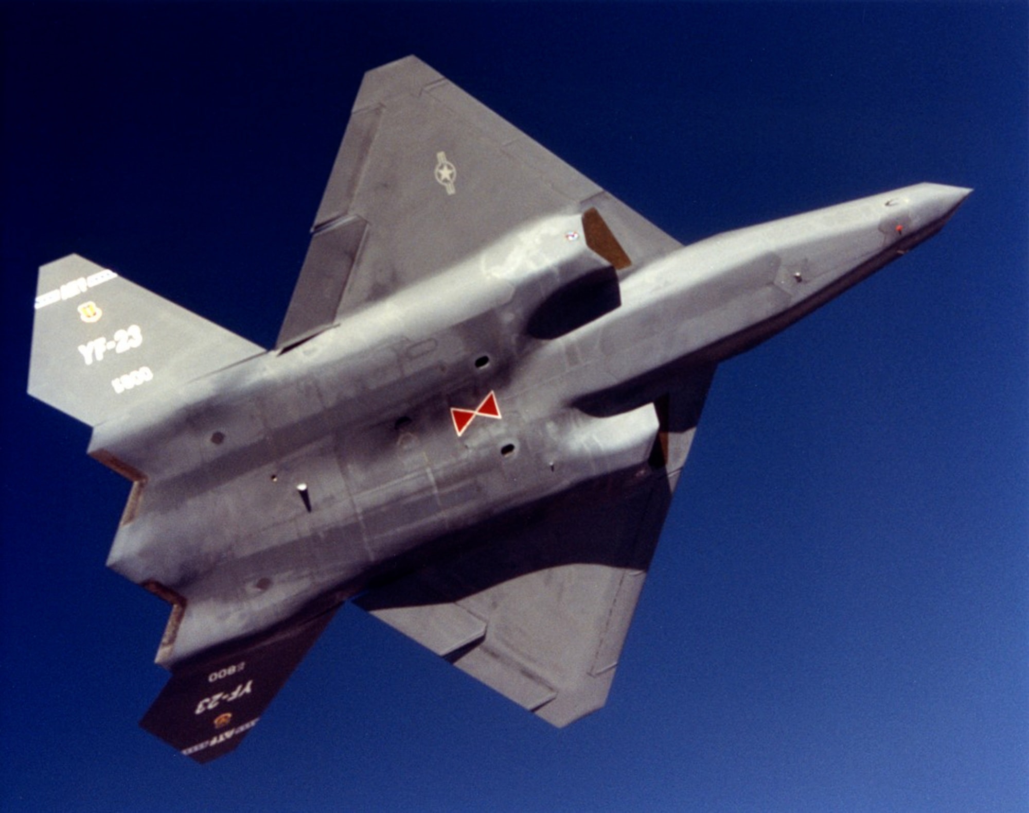The iconic red hourglass painted on the YF-23 