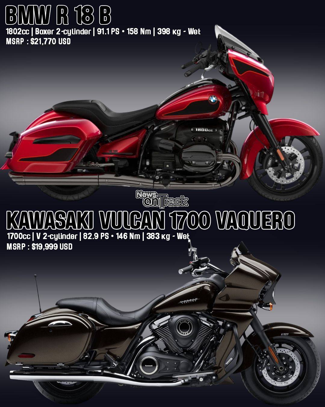 The Kawasaki Vulcan 1700 Vaquero and BMW R 18 B represent a