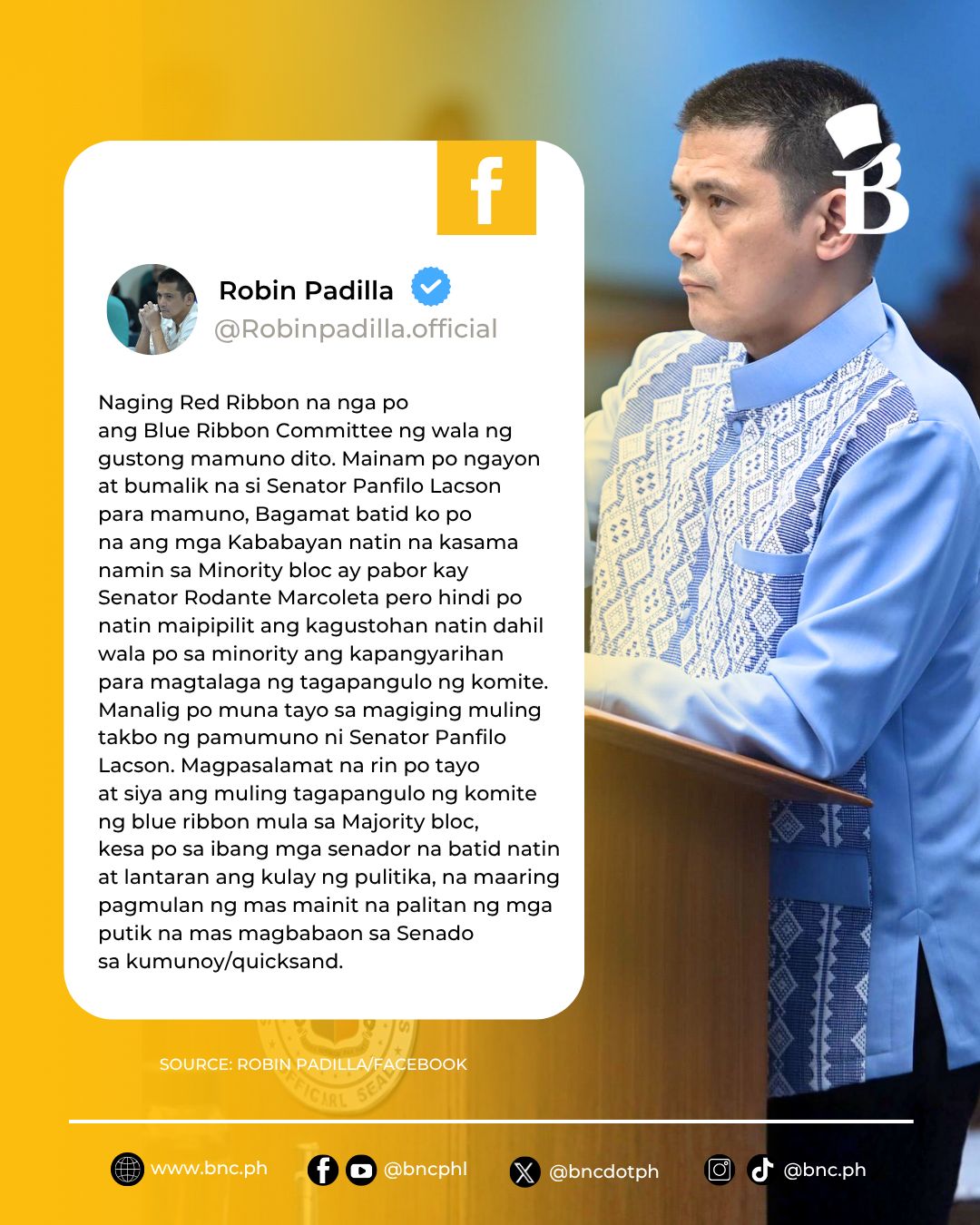 Bilyonaryo - NAGING RED RIBBON COMMITTEE Senator Robin Padilla urged ...
