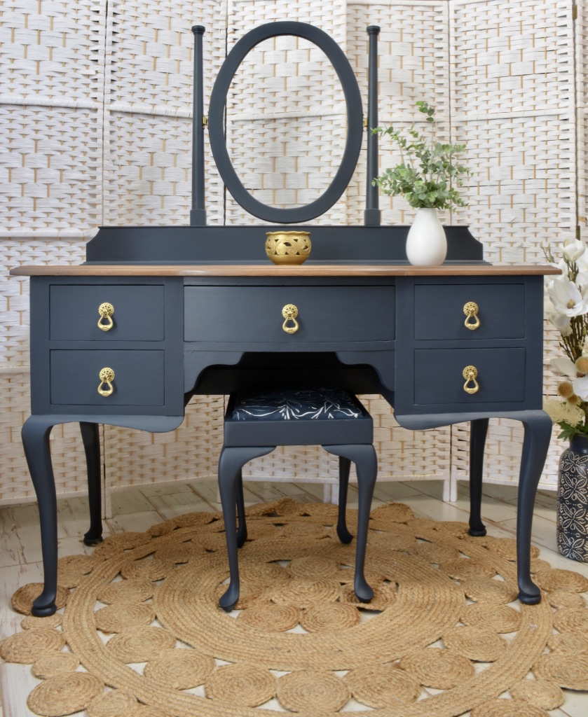 dark blue dressing table This has been in the work shed since the middle of last year aesthetic makeup vanity