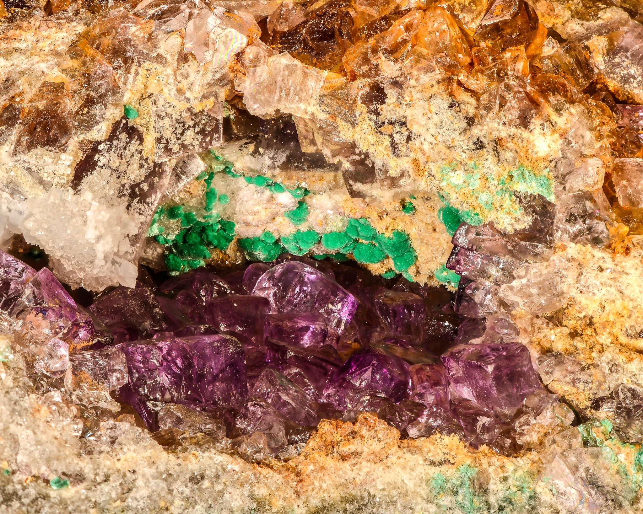 Vibrant purple fluorite, composed of calcium and fluoride, exposed