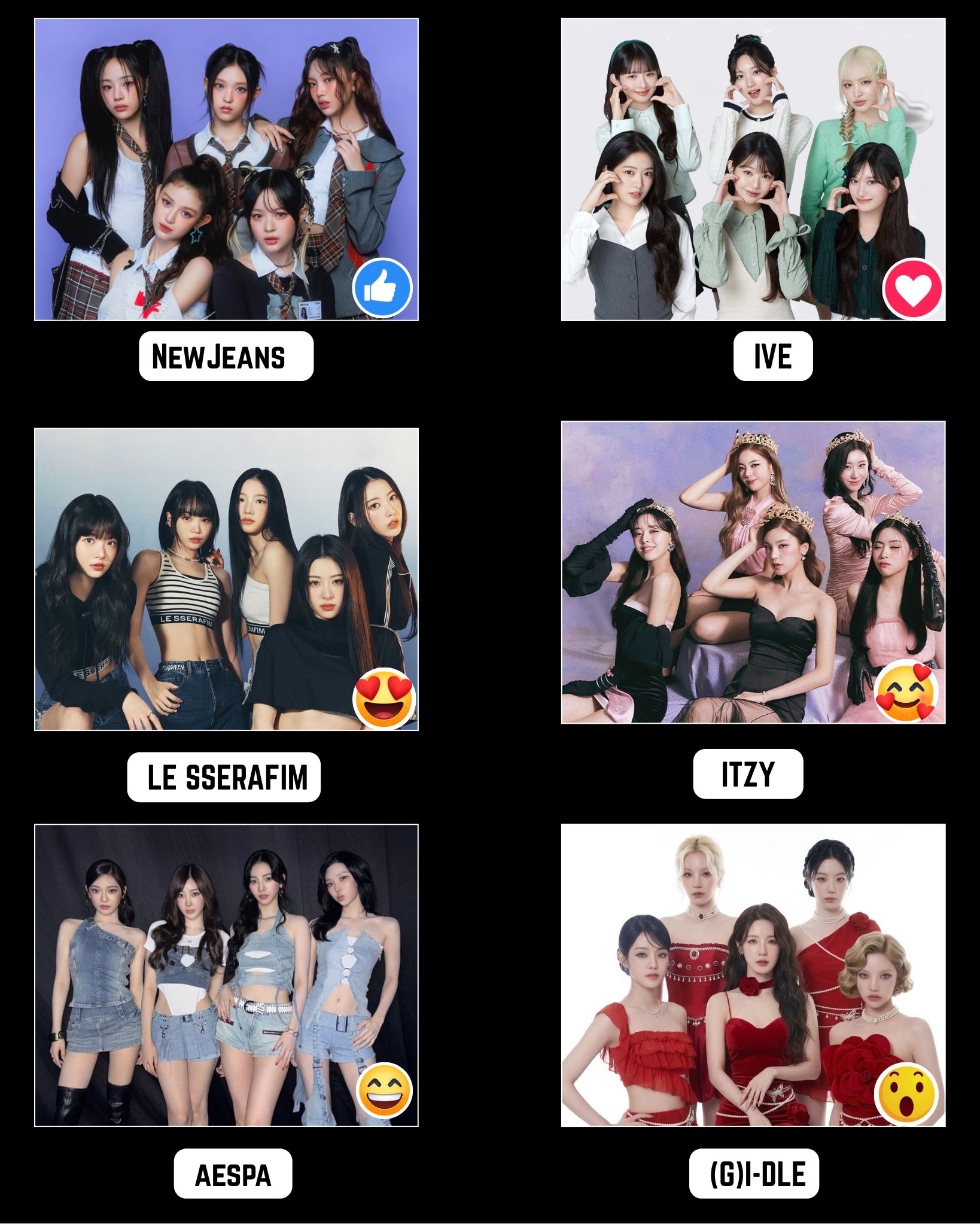 K-POP・アジア TWICE IU IVE LE SSERAFIM RED VELVET ITZY NewJeans👍// IVE❤️// LE SSERAFIM😍// ITZY🥰// aespa😄// (G)I-DLE