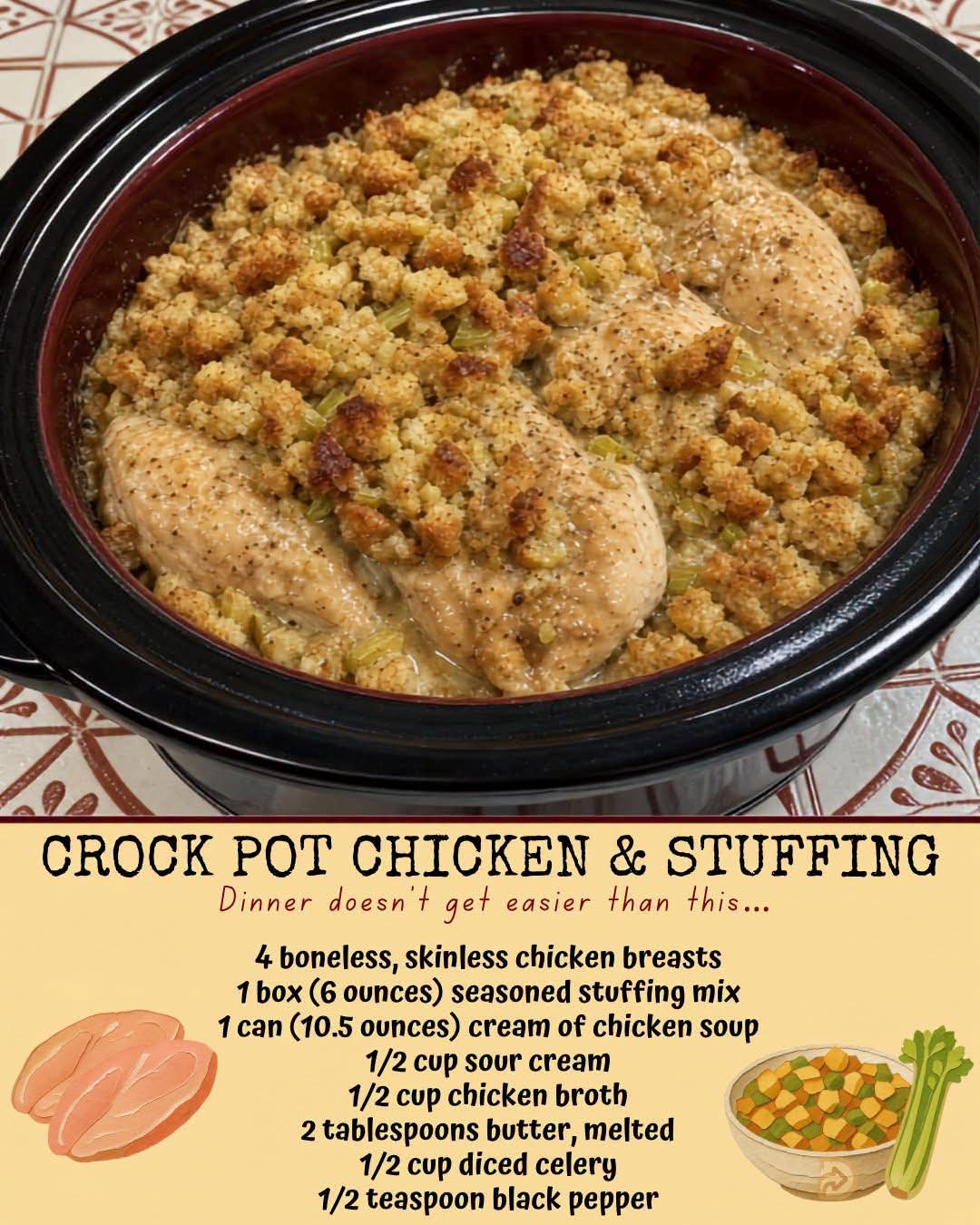 I forgot how good this old Crock Pot dinner was until I made it again. The stuffing soaks up all that creamy chicken flavor while the edges stay buttery and soft. 𝗥𝗘𝗖𝗜𝗣𝗘
