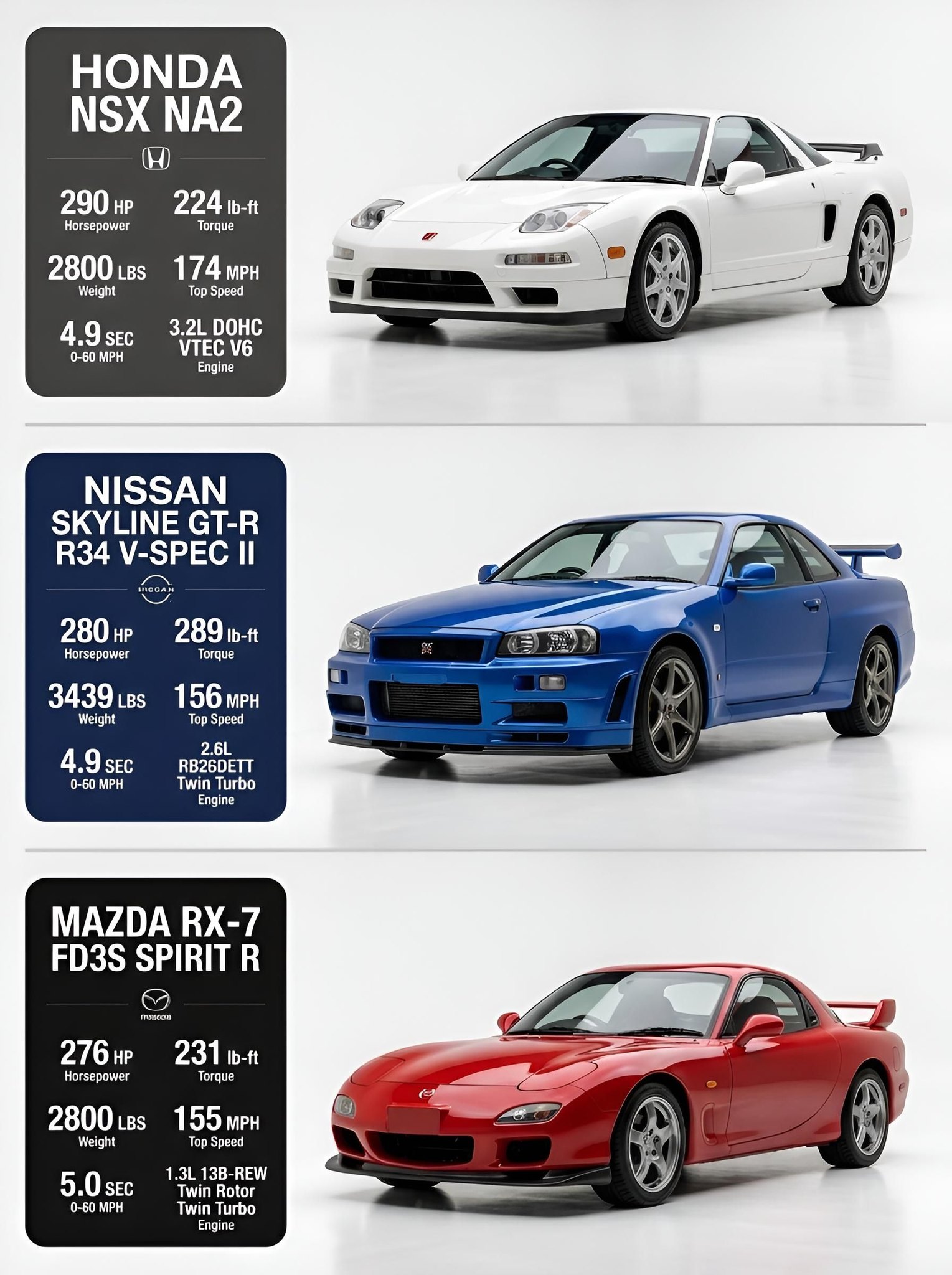 The Honda NSX, Nissan R34 Skyline GT-R, and Mazda RX-7 are three