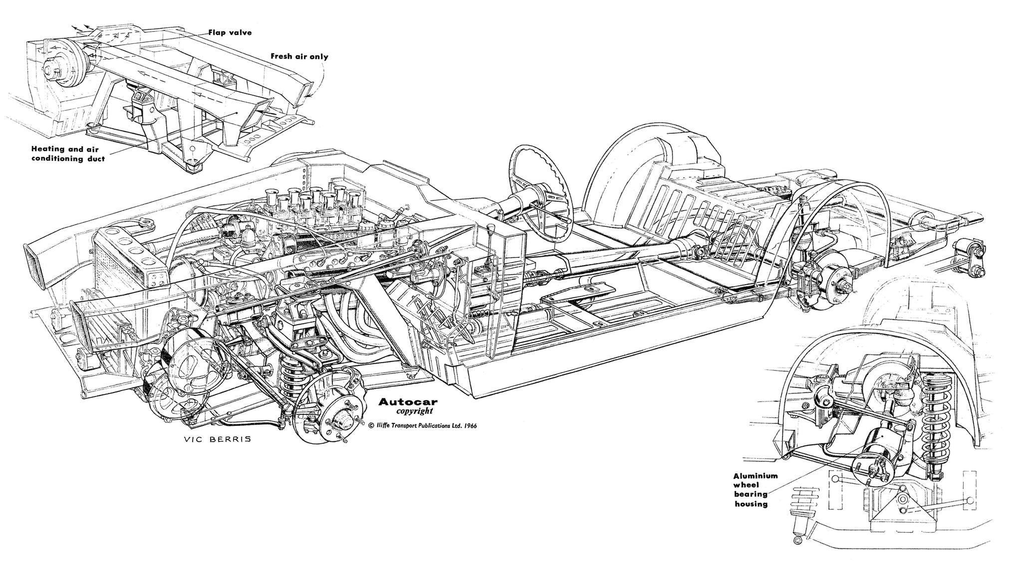 Vic Berris drawing of the Maserati QuattroPorte floor pan/drivetrain
