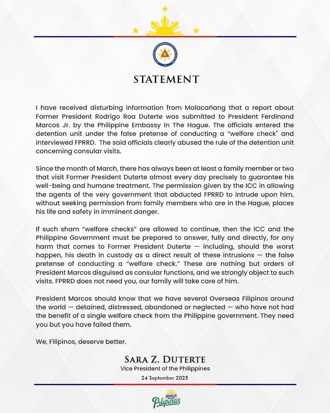 OVP - STATEMENT September 24, 2025 I have received disturbing ...