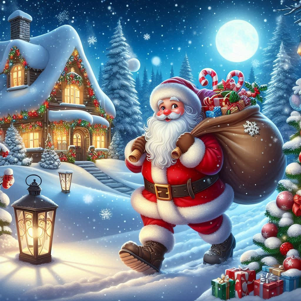 Seasonclip - Santa Claus carrying a sack of gifts in a snowy wonderland ...
