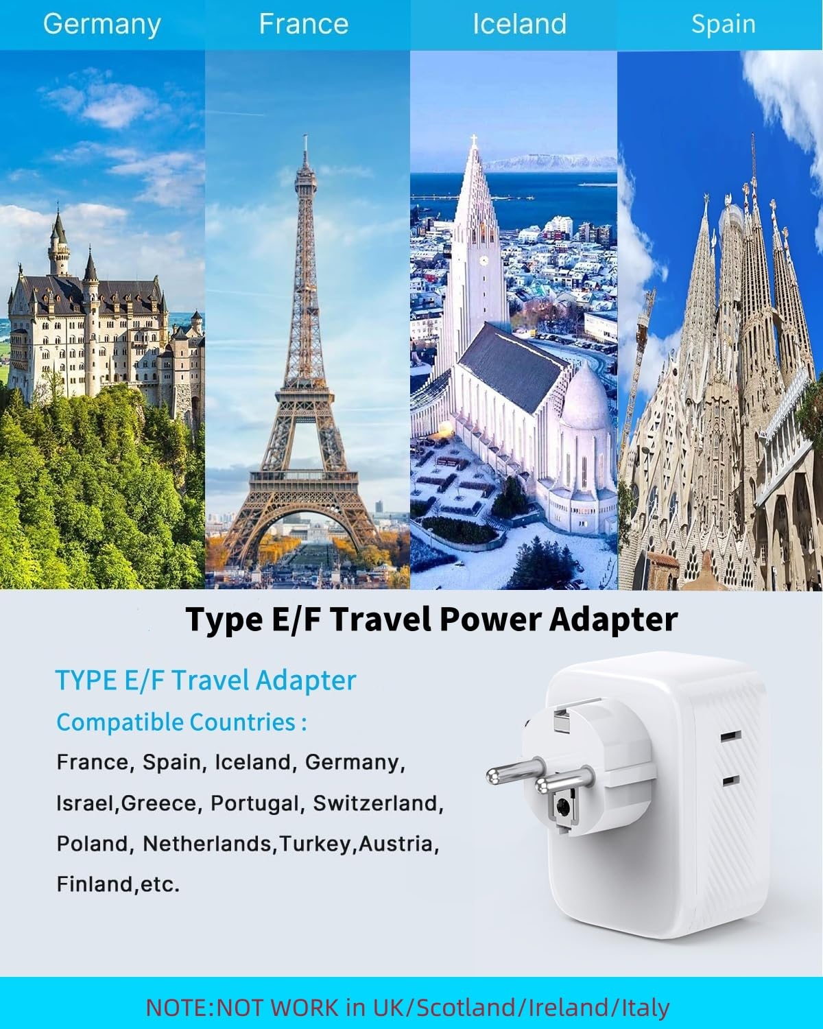 Greece Travel Power Adapter 2-Pack | USA To Greece Plug Adapter For Phones & Laptops