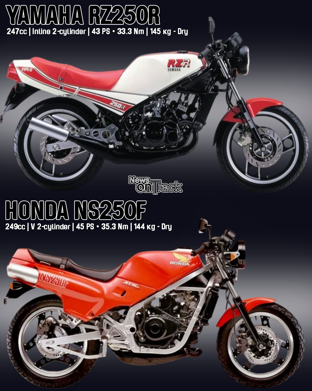 The battle between the 1984 Honda NS250F and 1983 Yamaha RZ250R is