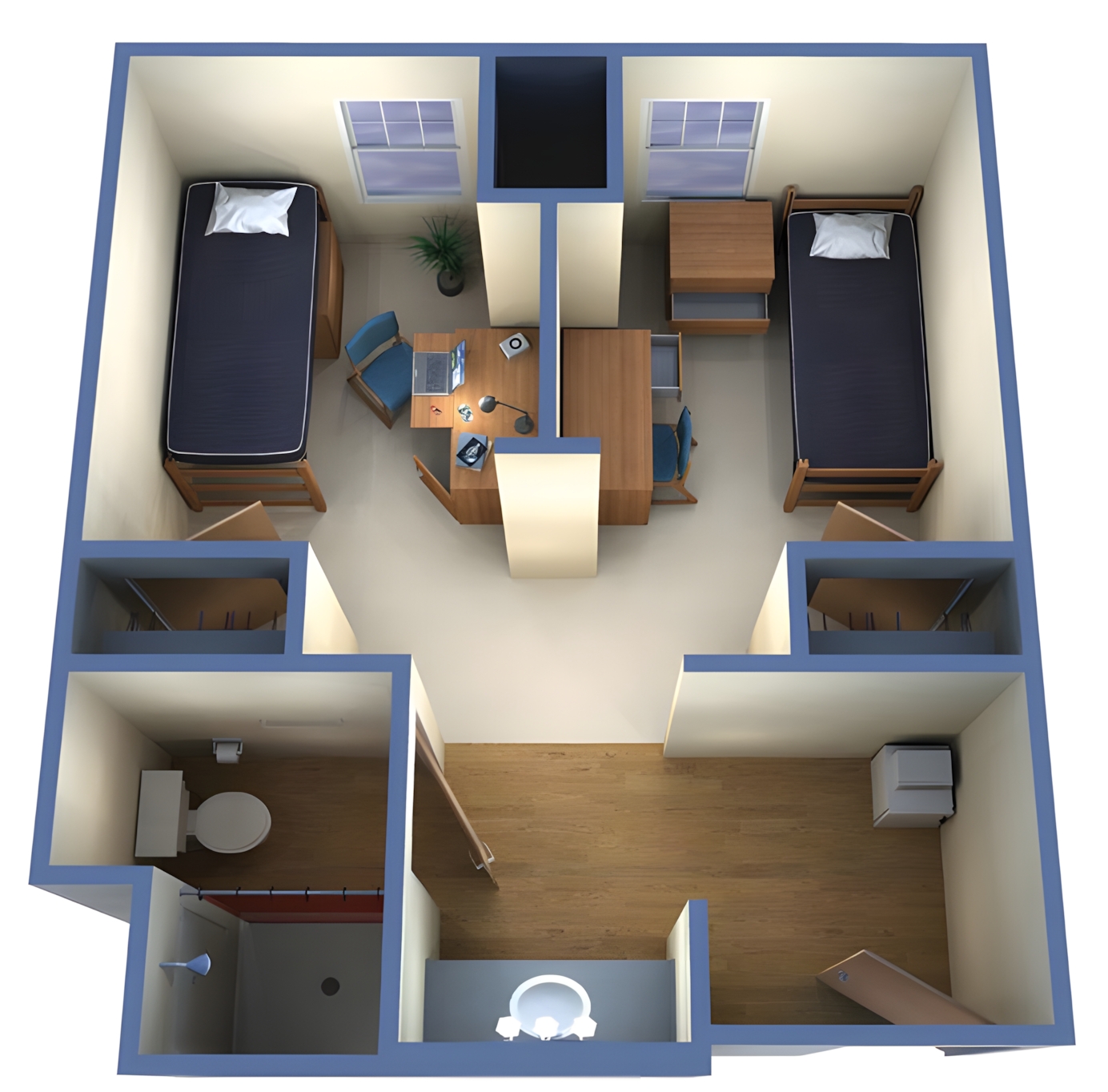 Nice - A floor plan of a shared living space, likely a dorm room or ...