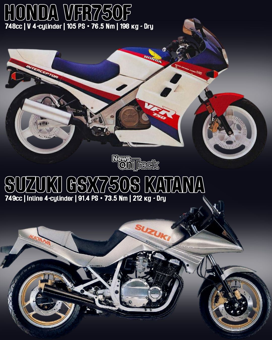 The 1984 Suzuki GSX750S Katana and the Honda VFR750F represent an