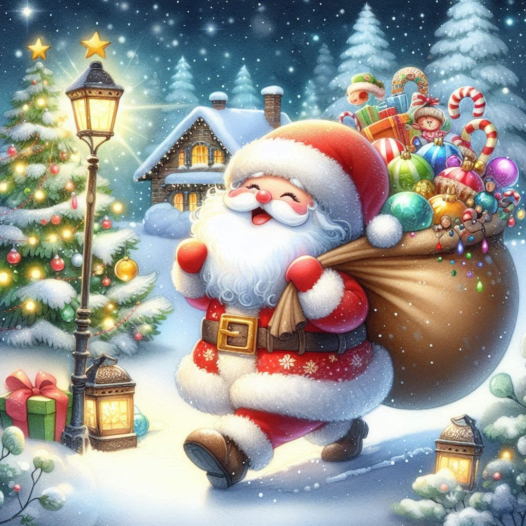 Seasonclip - Santa Claus carrying sacks of toys in a snowy wonderland ...