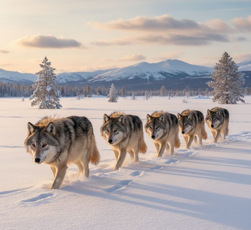 Yellowstone - A powerful pack of five wolves maneuvers through a vast ...