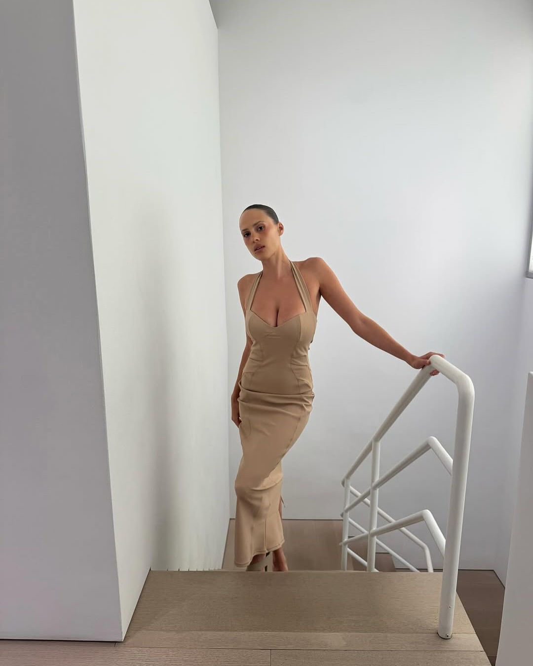 khy halter dress tessrosebaldwin wearing the fitted in beige from x @dilarafindikoglu. shop now at khy.com MaterialText: 80% Viscose; 20% Polyester
