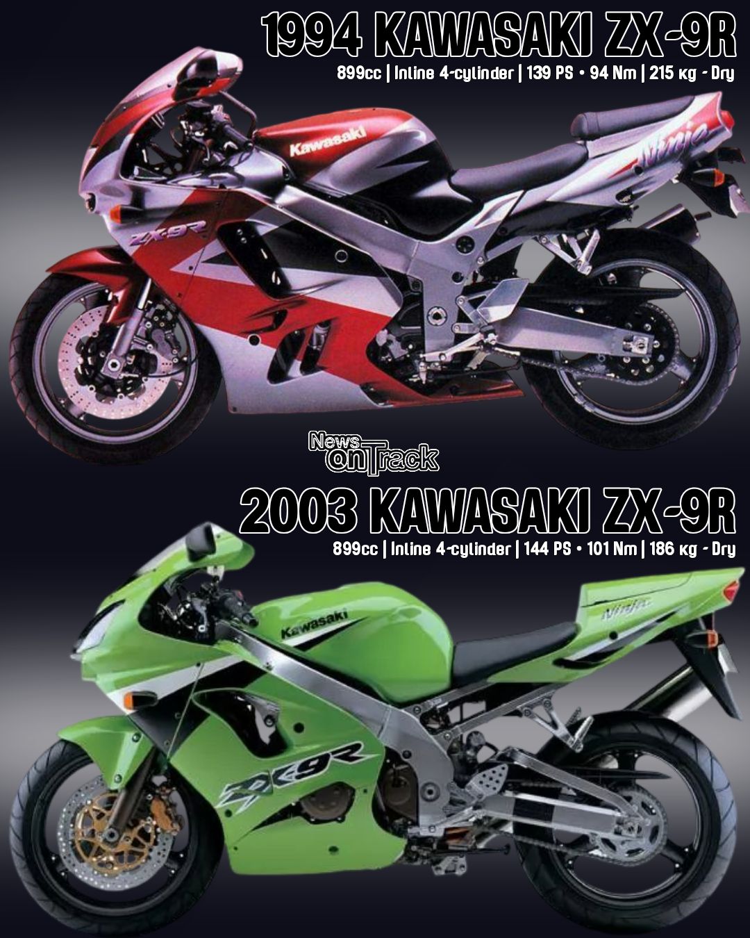The 1994 and 2003 Kawasaki Ninja ZX-9R bookend the motorcycle's