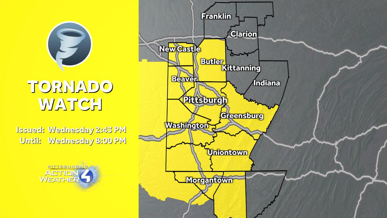 Jill tornado watch until 8 pm for most of the pittsburgh area storms