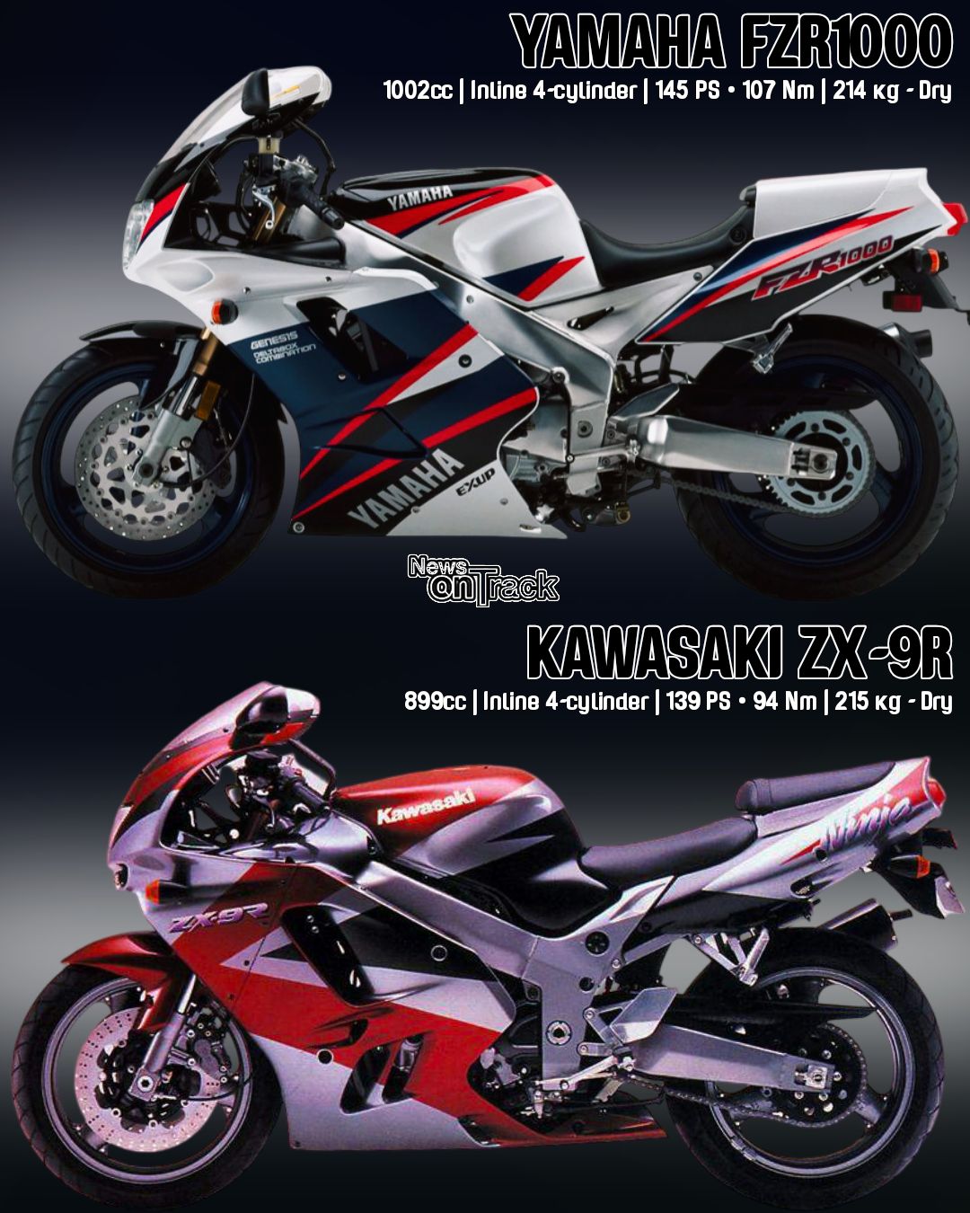 The 1994 Yamaha FZR1000 EXUP and the Kawasaki ZX-9R fought a