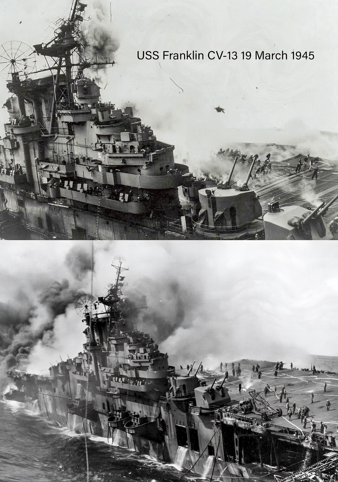 Go - USS Franklin CV-13 afire and listing after a Japanese air attack ...