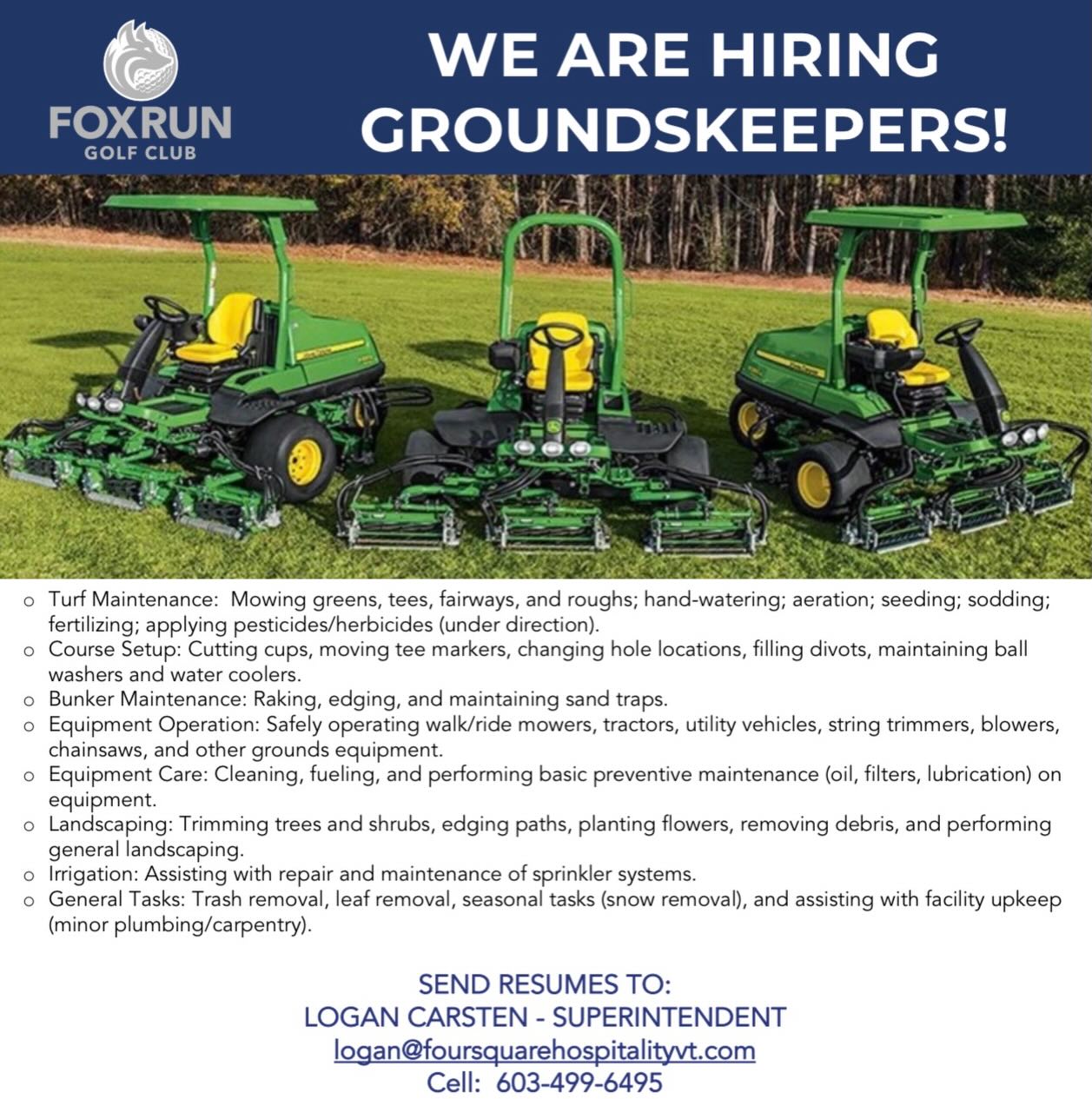 Four - We are hiring Groundskeepers at Fox Run Golf Club for the 2026 ...