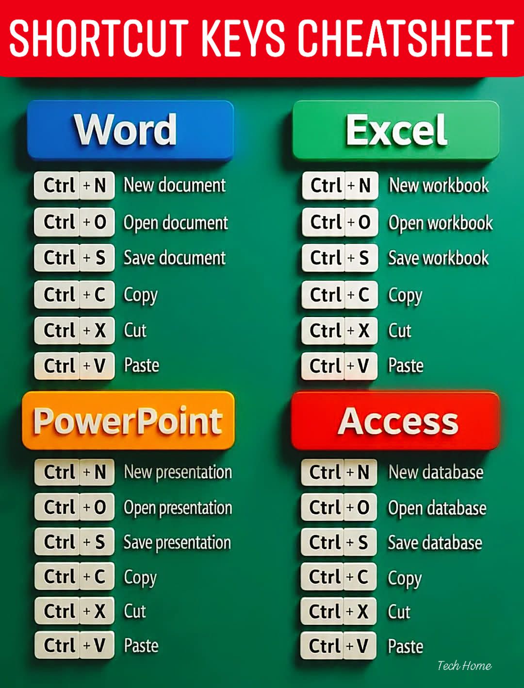 Tech - Shortcut Key Cheatsheet🔥💯 #shortcuts #Excel #msword #PowerPoint ...