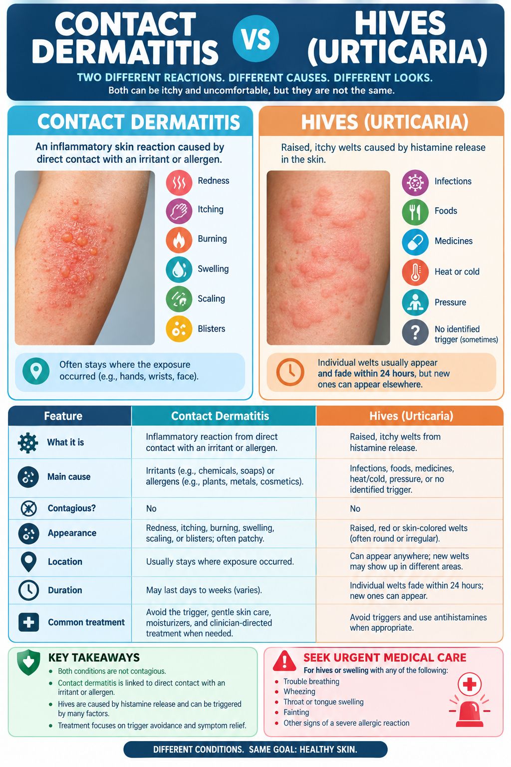 From direct contact irritants to histamine reactions, here is how to tell the difference between Contact Dermatitis and Hives to get the right relief! 🌿🔍