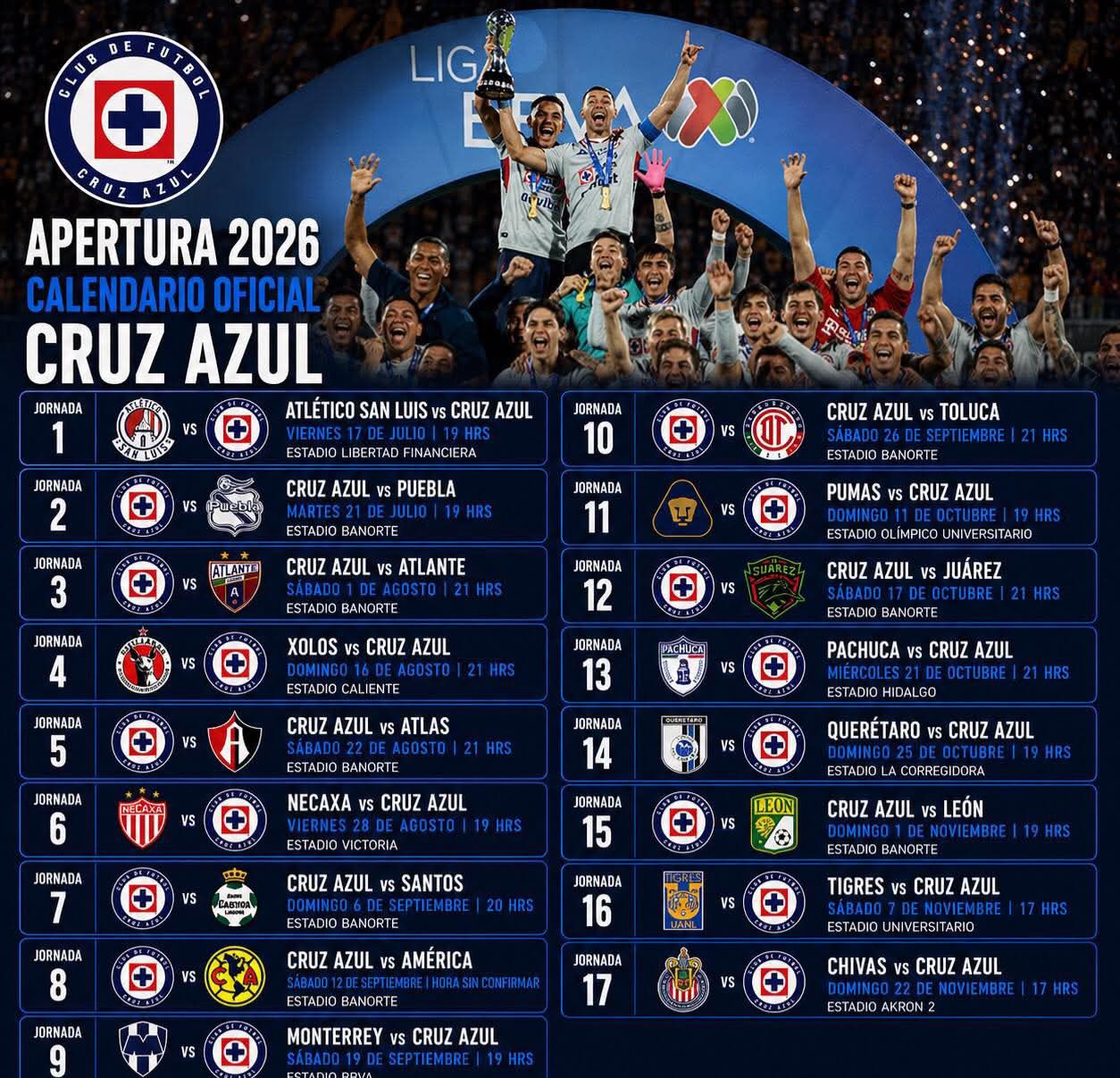🚨📅 ¡Ya es oficial! La Liga MX publicó el calendario del Apertura 2026 