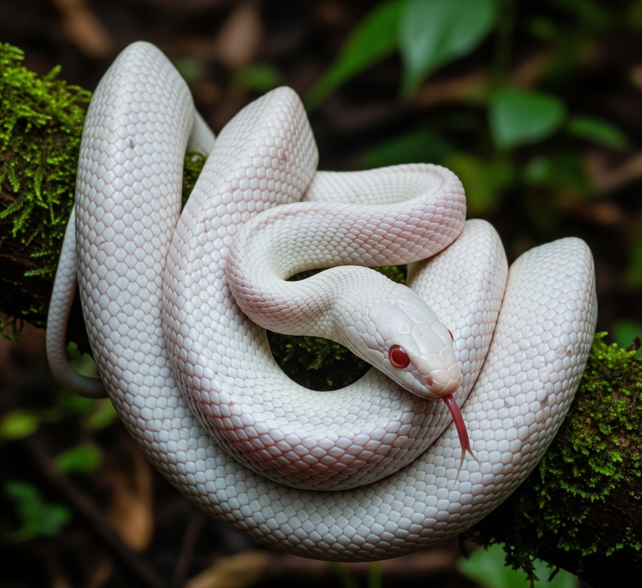 A ghostly figure glides across the forest floor — the albino 