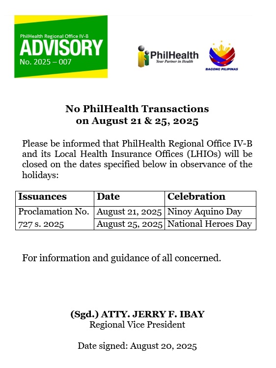 PhilHealth - PhilHealth Regional Office IV-B ADVISORY No. 2025-007: No ...
