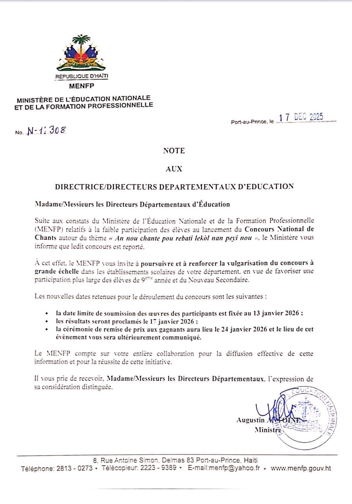 Terminal - Enskrisyon konkou chante MENFP an pwolonje. | Facebook