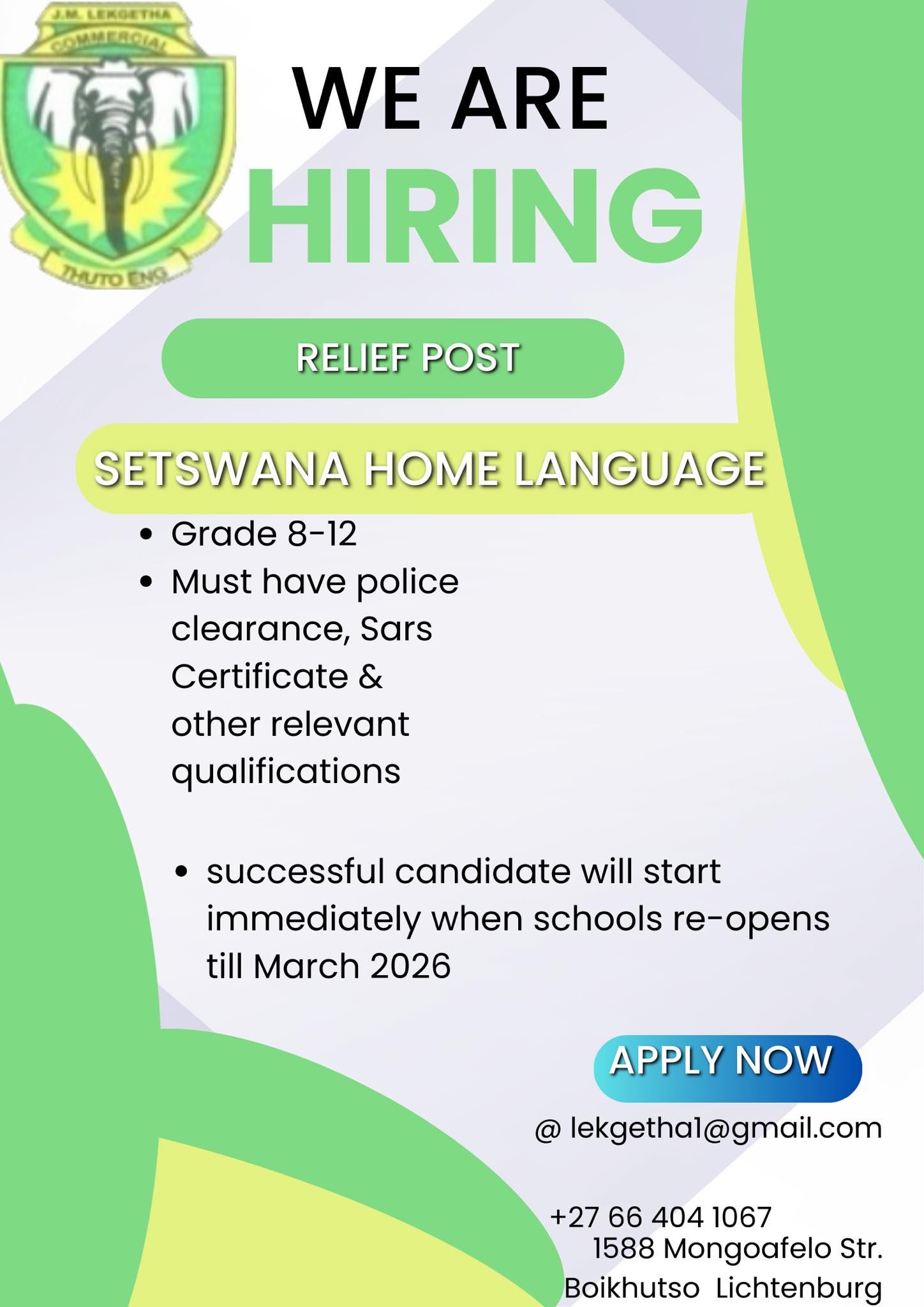 J.M - Relief Teacher Position: Setswana (Grades R8-12) Our school is ...