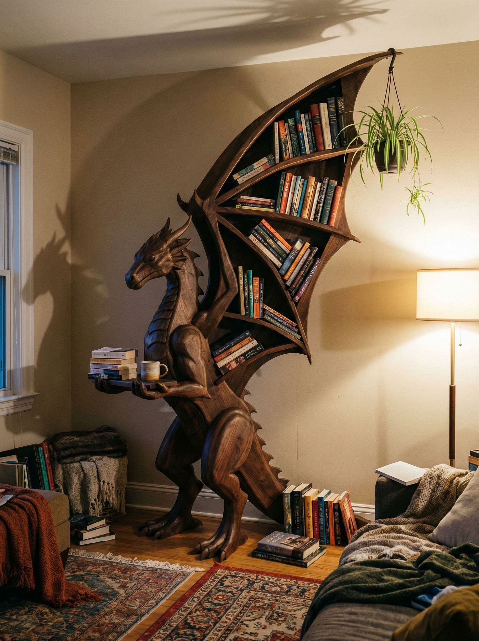 Handmade dragon bookshelf with scale details