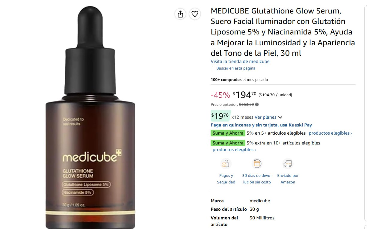 ✨ TRANSFORMA TU PIEL CON MEDICUBE GLOW SERUM ✨🌟😃 Amazon: MEDICUBE Glutathione Glow Serum, Suero Facial Iluminador con Glutatión Liposome 5% y Niacinamida 5%, Ayuda a Mejorar la Luminosidad y la Apariencia