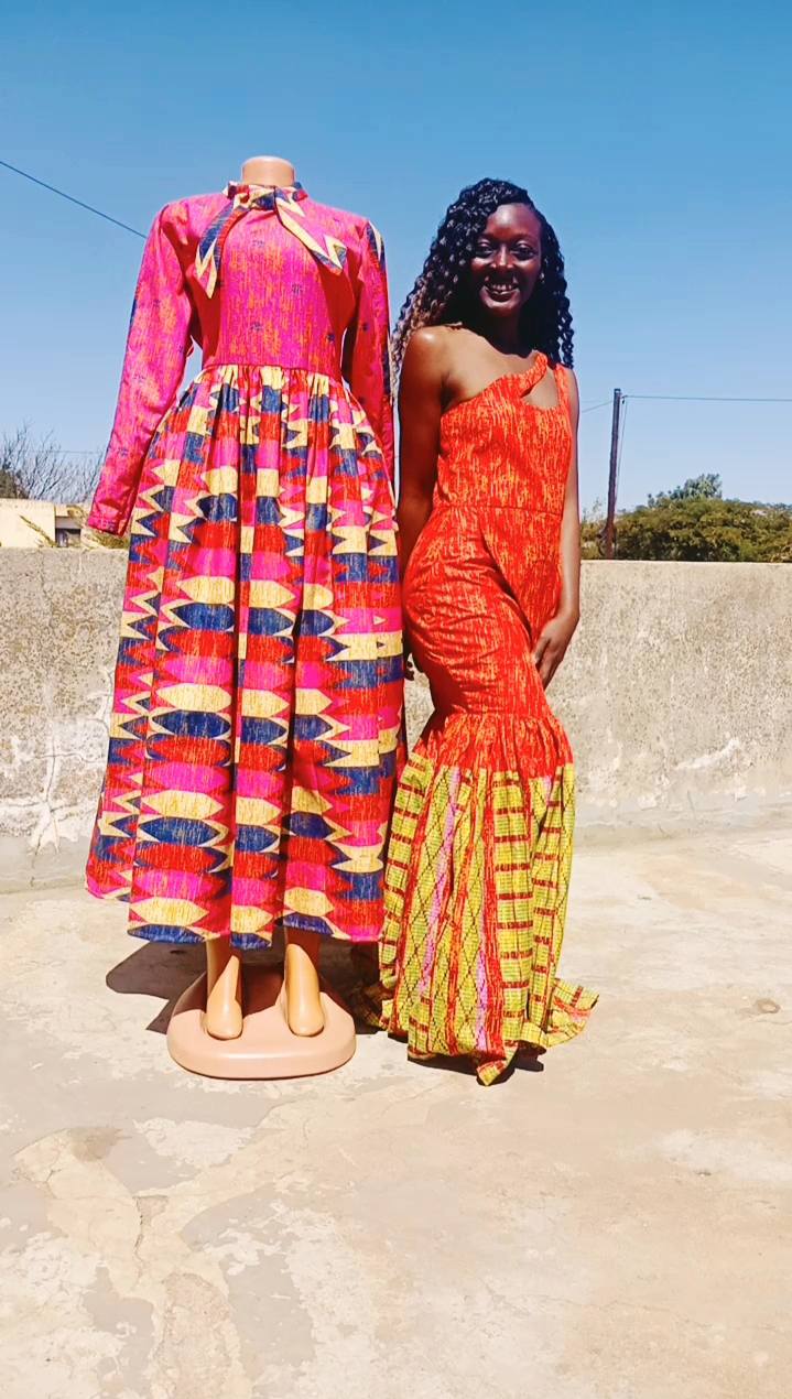 chinese dress ladies Womens Kitenge, African Print Midi Length, Ankara Dresses, Modest Church Dress Orange Multicolor Double Pocket Slitted Dress