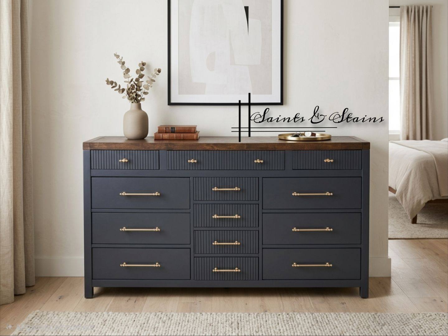 Hale Navy dresser makeover with Kona stain and antiquing brass hardware