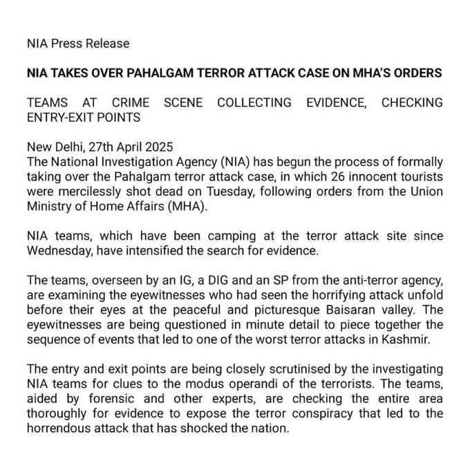 CliQ - NIA has formally taken over the Pahalgam terror attack case on ...