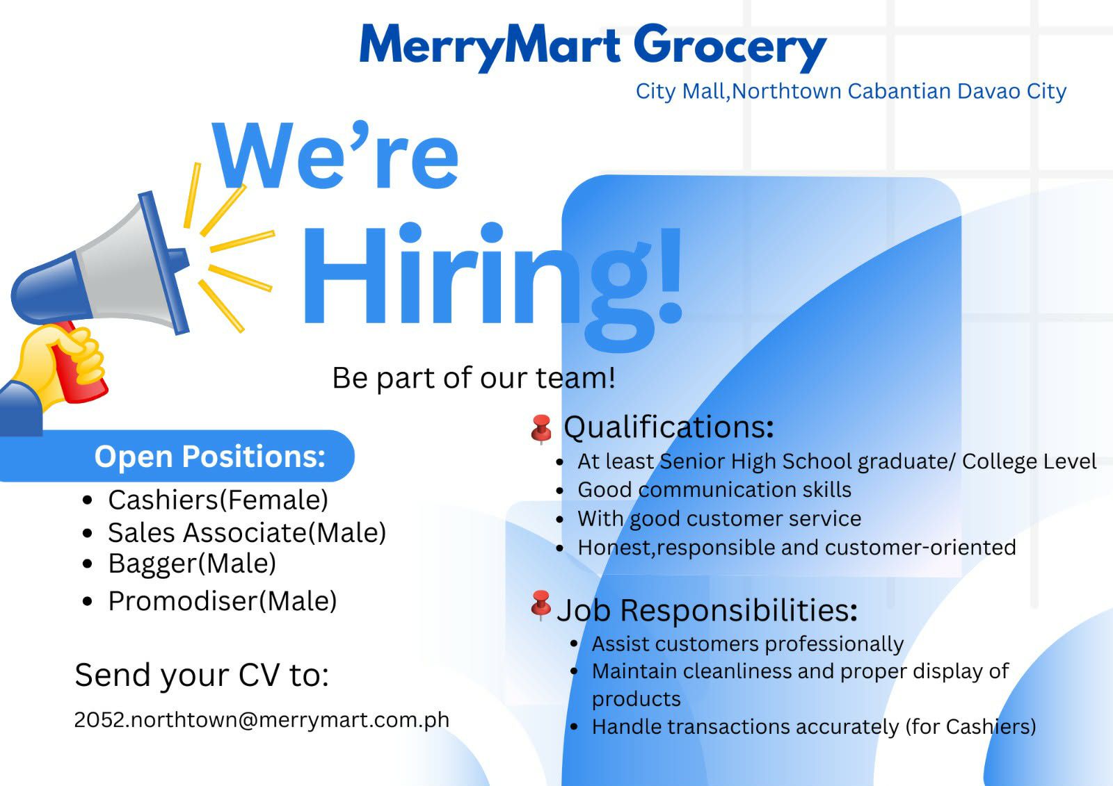 CityMall - 📢 WE ARE HIRING! 📢 MerryMart Grocery is now accepting ...