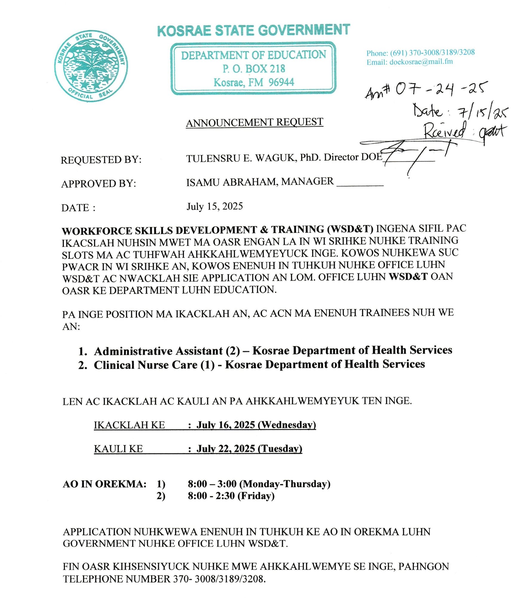 WSD&T Program/KDOE