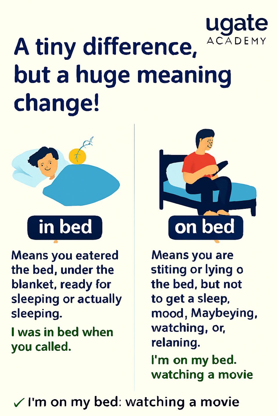 UGate Academy - 📘 فرق صغير، بس المعنى كبير! in bed 🛏️ vs... | Facebook