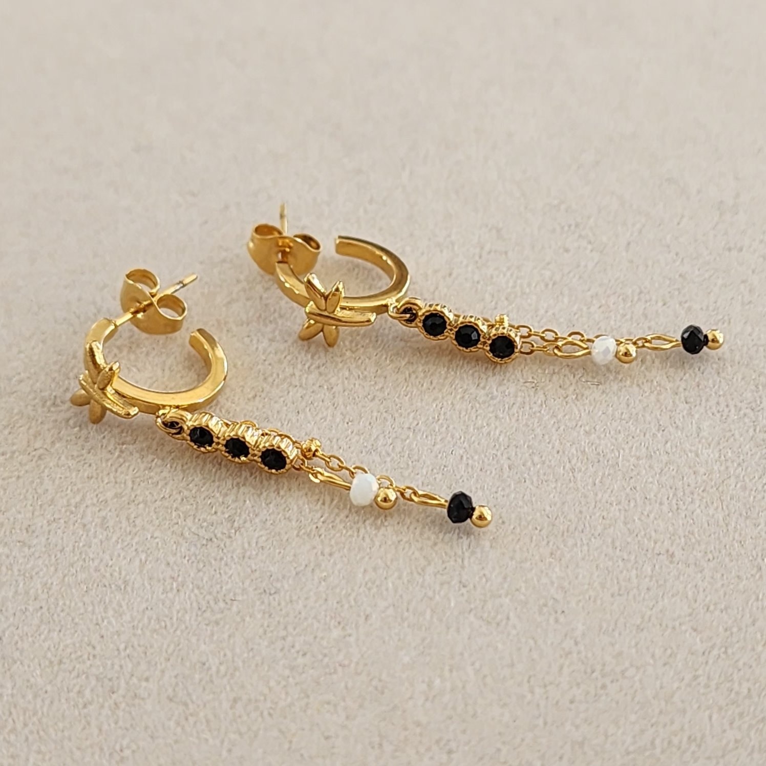 Boucles D'Oreilles Puce Clip En Métal Plaqué Or Avec Saphir Noir - Bijou Femme N4515