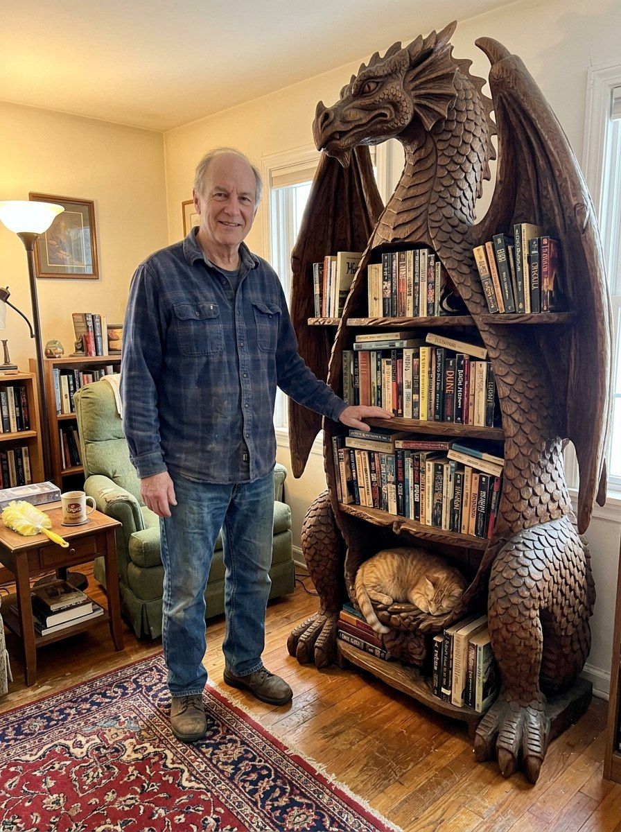 Dragon shelf display with stained wood