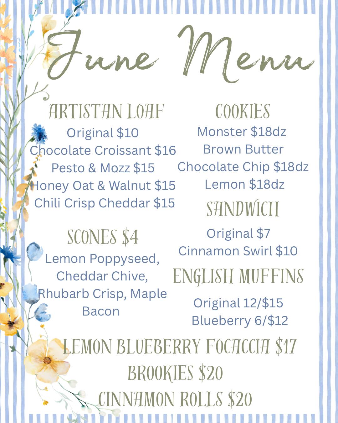 June baking menu now available at Wild Flour Homestead