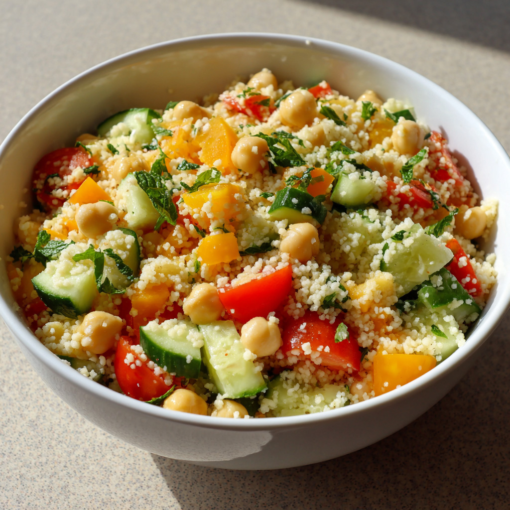 Les - Salade de semoule, tomates, concombres et pois chiches ...