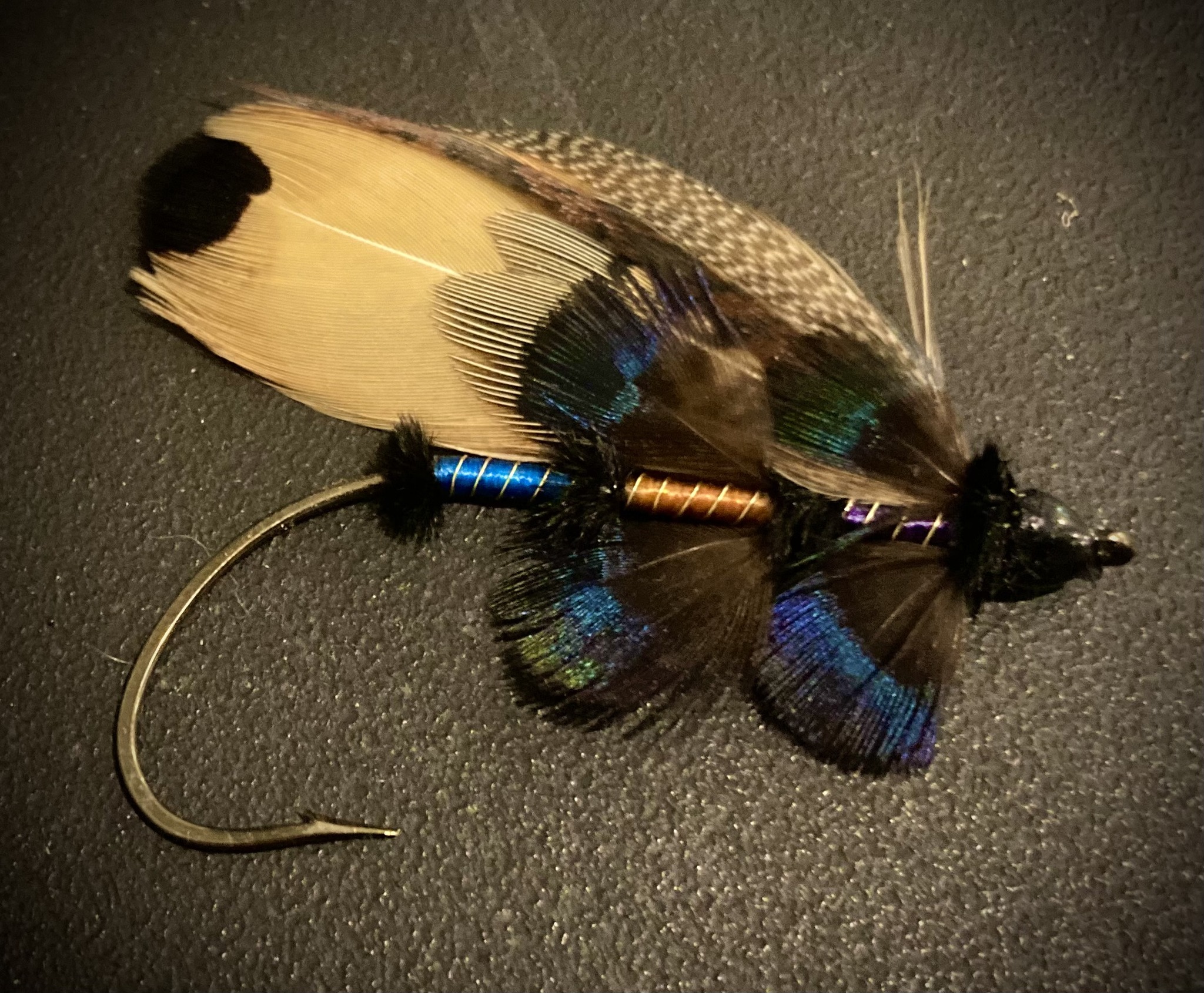 bird feather fly fishing lure london npr Fulling Mill Slow Sink Black & Red, Size 10 No Alibi Trolling Feather Lure Rigged on Mono No No Alibi Trolling Feather
